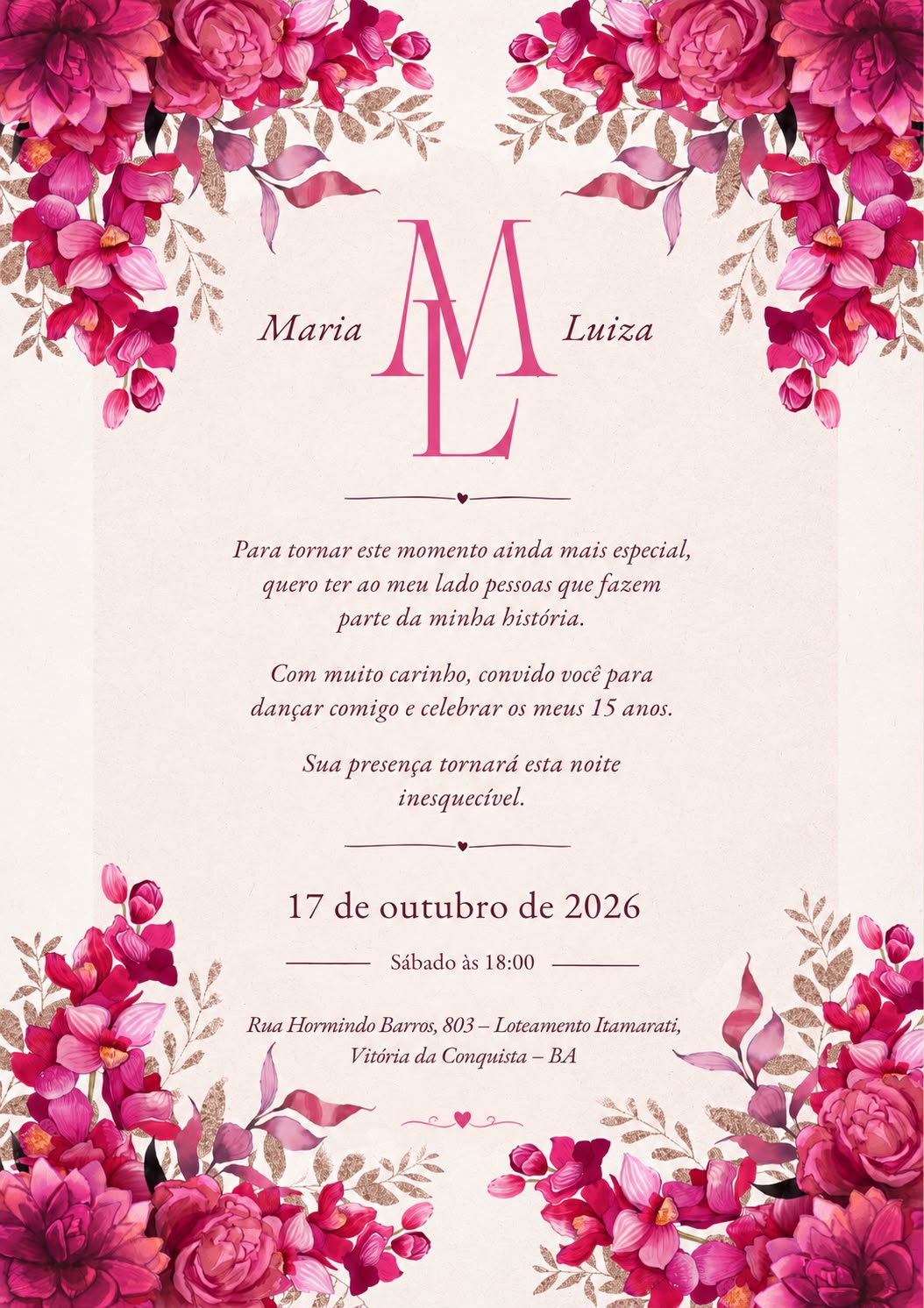 Convite dos 15 anos de Maria Luiza — 17 de outubro de 2026, em Vitória da Conquista, BA
